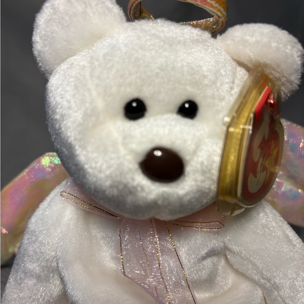 Ty Beanie baby-HALO The Angel White Bear -Iridescent Wings & Halo-Brown Nose
